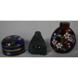 A Chinese Glass Snuff Bottle with Painted Enamel Decoration, Miniature Jade Seated Smiling Buddha