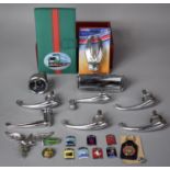 A Collection of Vintage Car Door Handles, Enamelled Badges, Eagle Mascot, Ampere Meter, Eddie