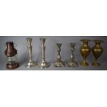 Two Pairs of Silver Plated Candlesticks, a Miniature Ships Lantern and a Pair of Brass Indian Niello