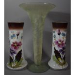 A Pair of Edwardian Painted Opaque Glass Vases and a Modern Larger Example, The Latter 37cm