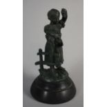 A Green Patinated Spelter Figure of a Young Girl Picking Bunch of Grapes, Circular Plinth, 17cm high