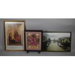 Two Framed Prints and an Artificial Flower Firescreen