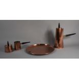 An Argy Europe, Copper and Brass Three Piece Coffee Service and Circular Tray with Ebonised