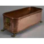 A Small Copper Rectangular Planting Trough with Brass Lion Mask and Ring Handles and Claw Feet, 30cm