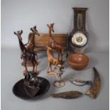 A Collection of Treen Ware to Include African Carved Wooden Giraffes, Two Division Bowl with