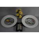 A Pair of Adams 'Pickwick Papers' Decorated Plates, Football Hip Flask and Artificial Flower Display