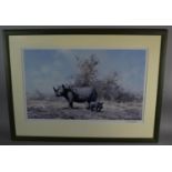 A Framed David Shepherd Print Depicting Rhino and Calf, Signed by the Artist in Pencil, 50cm Wide