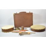 A Vintage Wooden Alfred Hays Case Containing Two Drums, Cymbals, Penny Whistle, Bell Etc