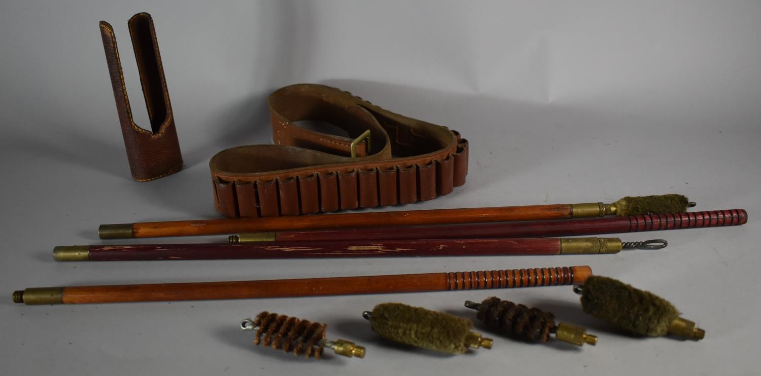 A Collection of Shotgun Cleaning Rods, Leather 410 Cartridge Belt etc