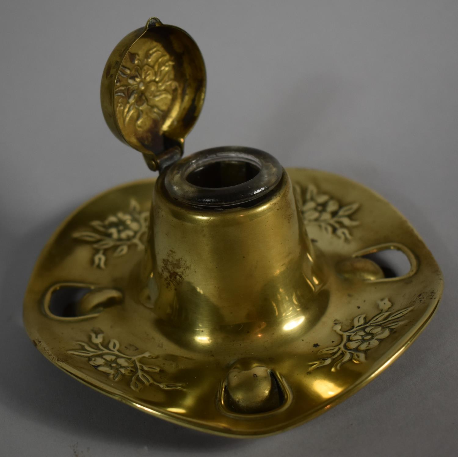A Pressed Brass Desktop Inkwell with Embossed Floral Decoration, 13cm Diameter - Image 2 of 3