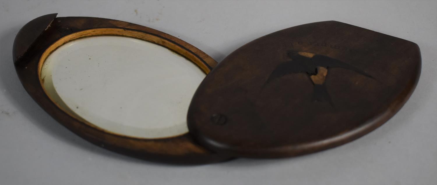 A Jerusalem Olive Wood Work Box and an Oval Mirror with Hinged Inlaid Cover Decorated with Swallow - Image 3 of 3