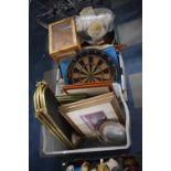 Three Boxes of Sundries to Include Dart Board, Board Game, Firescreen, Pictures and Prints, Glazed