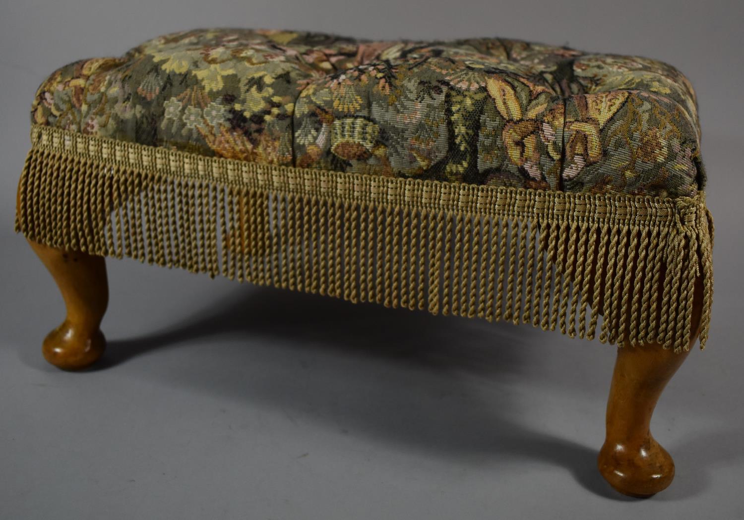 A Modern Buttoned Tapestry Topped Rectangular Stool on Short Cabriole Legs, 40cm Wide