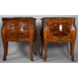 A Pair of French Style Marble Topped Ormolu Mounted Inlaid Bombe Shaped Two Drawer Bedside