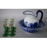 A Transfer Printed Blue and White Water Jug and Bowl Together with Six Christmas Green Stemmed