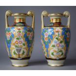 A Pair of Noritake Two Handled Vases Decorated in Multi Coloured enamels, 24cm High (Gilt Rubbed and