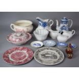 A Collection of Ceramics to Include Blue and White Transfer Printed Jug, Kettle, Dish, Pink Transfer