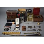 A Tray of Curios to Include Cash Tin, Coffee Pot, Vintage Whip, Leather Case, Boxed Camera,