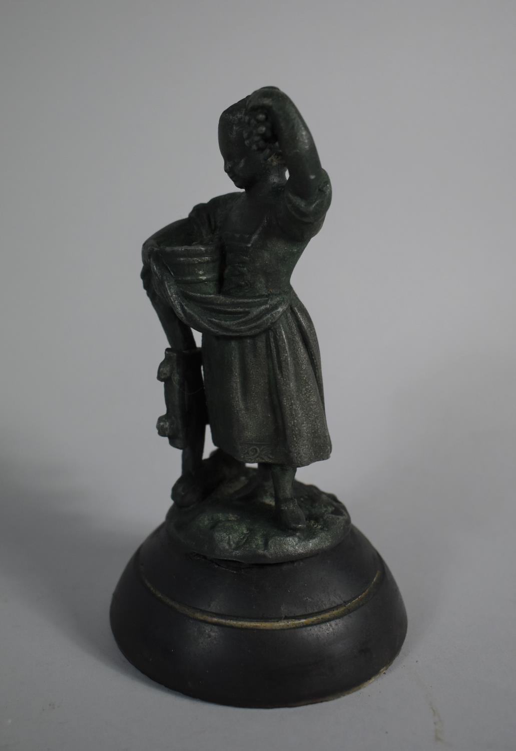 A Green Patinated Spelter Figure of a Young Girl Picking Bunch of Grapes, Circular Plinth, 17cm high - Image 2 of 2