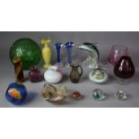 A Collection of Coloured Glassware to Include Dolphin Ornament, Bud Vases, Paperweights etc