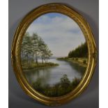 A Modern Oval Gilt Framed Oil, Emmerdale Water by T Jharna 1990, 49cm High