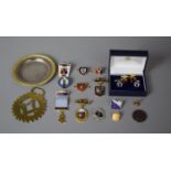 A Collection of Masonic Enamelled Cufflinks, Badges, Horse Brass, Pin Dish, Buffalo Pin, 9ct Gold