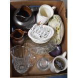 A Box Containing Various Salt Glazed Jugs, Glasswares, Ceramics etc