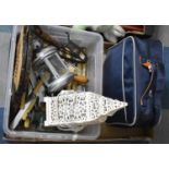 A Box Containing Various Cutlery, Table Lamp and Bellows Together with a Guardex Car Cleaning Set