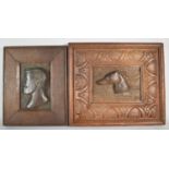 Two Framed Carved Wooden Panels Depicting Mustachioed Gent and a Whippet