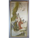 A Framed Chinese Silk Embroidery Depicting Figures and Bats, 86cm High