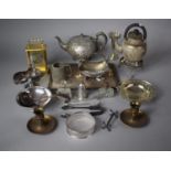 A Collection of Metalwares to Include Coal Scuttle Shaped Salt, Kettle, Brass Candlesticks, Ladle,