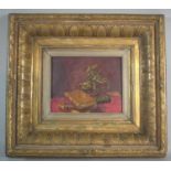 A Small Gilt Framed Oil on Board, "Still Life in Red and Gold" by Captain Hugh Micklem. Books and