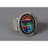 A Heavy Silver Inlaid Hardstone Ring, Possible Zuni Tribe, Navaho, Size S
