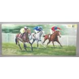 A Mounted but Unframed Creative Canvas Depicting Racehorses, After Roger Heaton, 122cm Long