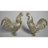 A Pair of Oriental Pressed White Metal Studies of Fighting Cocks, Each 11.5cms High