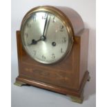 An Inlaid Edwardian Dome Topped Walnut Cased Mantle Clock with Key and Pendulum and Working Order,