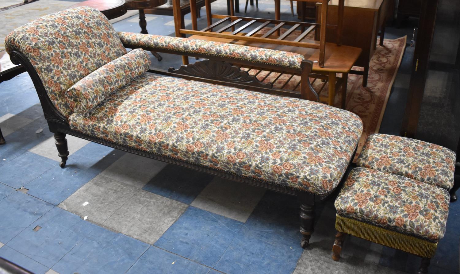A Recently Reupholstered Edwardian Chaise Longue in Floral Tapestry Fabric with Pair of Barley Twist