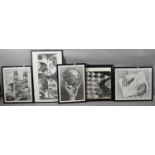 A Collection of Four Monochrome Escher Prints and a Framed Puzzle