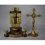 A Gilt Decorated Altar Twin Branch Candle Holder and Stoup with Crucifix Together with a Brass