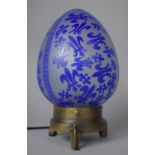 A Modern Metal and Opaque Glass Table Lamp of Ovoid Form, Decorated with Fleur De Lys in Blue,