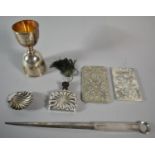 A Silver Plated Double Measure with Armorial Engraved Cups, a Silver Plated Meat Skewer, Tea Caddy