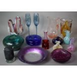 A Collection of Coloured Glassware to include Vases, Lidded Pots Etc