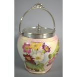 A Carlton Ware Ceramic Biscuit Barrel with Silver Plated Lid and Carrying Handle, Decorated with