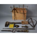 A Box Containing Vintage Tools, Calipers, String Winder etc