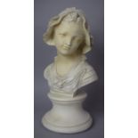 A Parian Style Resin Bust of Young Girl with Bonnet, Circular Socle, 40cm high