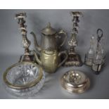 A Collection of Metalwares to include Sheffield Plated Candlesticks with Moulded Scrolled