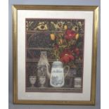 A Modern Gilt Framed Print, Still Life Ceramics and Vase of Flowers, 48cm wide