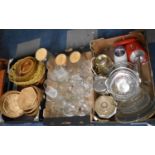 Three Boxes of Glasswares, Kitchenwares, Wicker Baskets etc