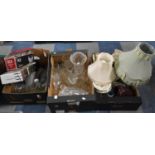 Three Boxes Containing Ceramics, Glassware, Porcelain Head Doll, Table Lamps etc