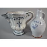 A Salt Glazed Terracotta Wine Jug Inscribe Claret 1643 Together with an Italian Blue and White Tin